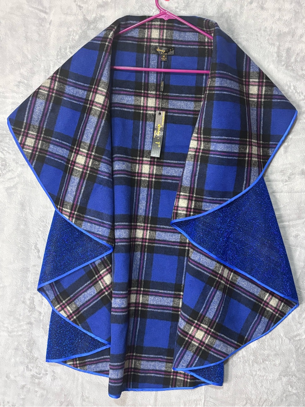 Blue Plaid Open-Front Cape with Contrast Trim